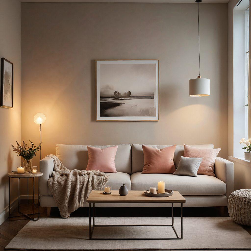 A serene and intimate setting featuring a cozy room with dim lighting, a plush sofa, and soft textiles that evoke warmth and comfort. Include subtle decor elements like candles and soft cushions to enhance the private atmosphere. A gentle silhouette of two figures engaged in a cozy conversation can add an element of connection. The overall color palette should be soft and muted to convey a sense of discretion and calm. super-realistic. warm tones. soft focus.
