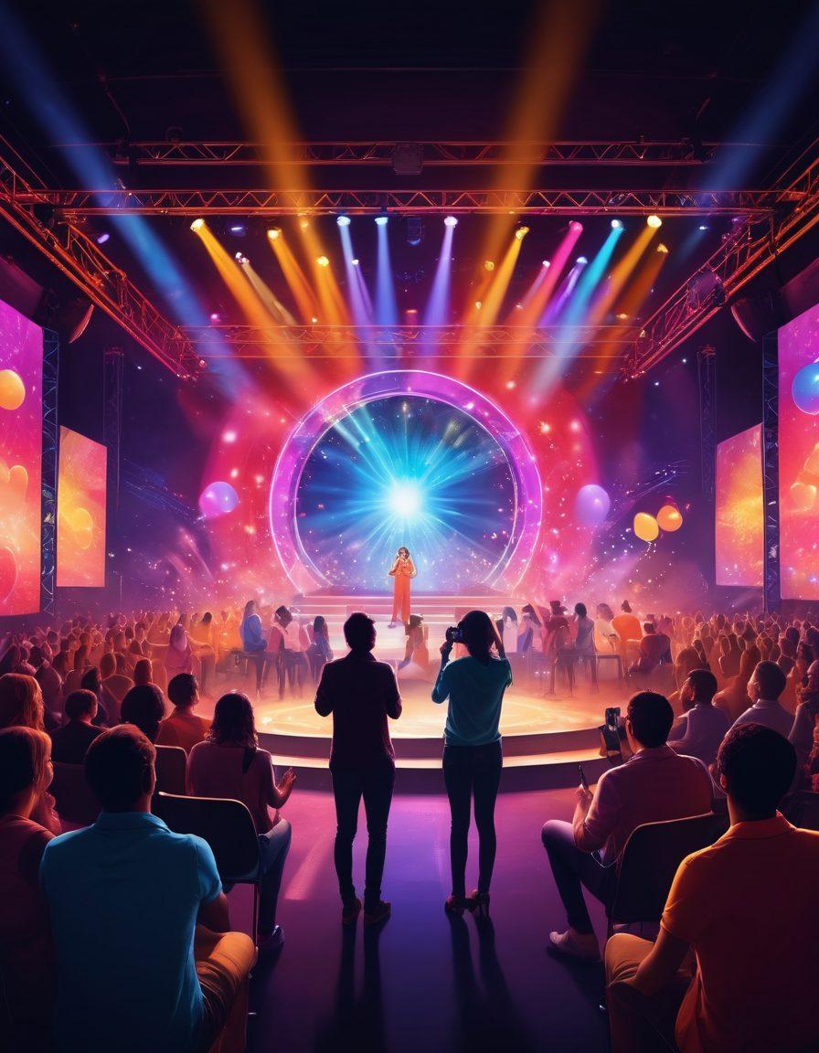 A captivating scene depicting a vibrant and inviting virtual stage illuminated with colorful lights, where a diverse group of confident performers interact with an enthusiastic audience through live chats. Include elements like high-quality cameras, intimate settings, and playful messaging bubbles overlaying the image to emphasize interaction. The atmosphere should be engaging, alluring, and playful, capturing the excitement of a personalized live show experience. illustration. vivid colors. modern style.